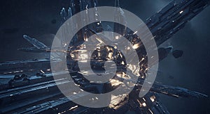 Futuristic Space Station Orbiting in Dark Space with Asteroids