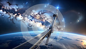 Futuristic Space Station Orbiting Earth with Nebula in Background