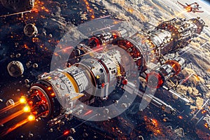 Futuristic Space Station Orbiting Planet with Modular Design and Advanced Propulsion Technology in Outer Space