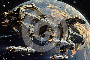 Futuristic Space Station Orbiting a Vibrant Planet photo