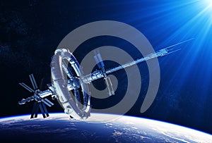 Futuristic Space Station In The Rays Of Blue Light