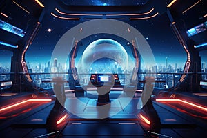 A futuristic space station showcasing a breathtaking view of the Earth, Space-age tech backdrop viewed from a spaceship, AI