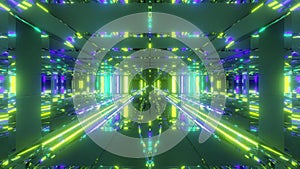 Futuristic space temple tunnel corridor with cool reflections and glass bottom 3d rendering wallpaper background