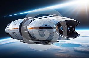 Futuristic spacecraft capable of faster-than-light travel, capturing sleek and cutting-edge features that enable photo