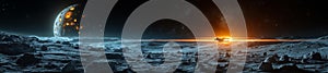 Futuristic Spacecraft Gliding Over a Moon\'s Surface with a Bright Trail of Light photo