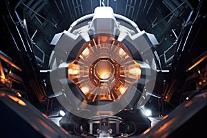 futuristic spacecraft engine resting in testing bay