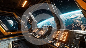 A futuristic spacecraft interior with control panels and a view of Earth and the moon