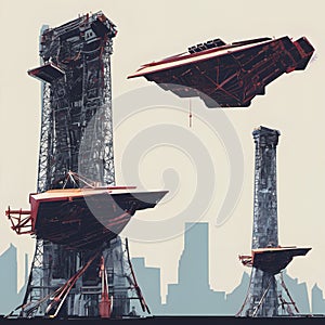 Futuristic Spacecraft at Launch Towers Overlooking Silhouetted City Skyline