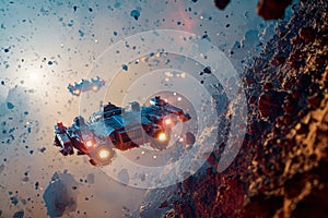 Futuristic spacecraft navigating through asteroid field in deep space with vibrant cosmic colors