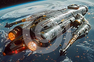 Futuristic Spacecraft Orbiting Planet with Thrusters Engaged, Detailed Sci Fi Starship Design Over Alien World, Advanced