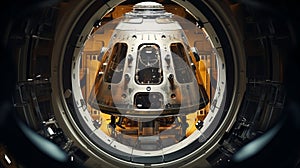 a futuristic spacecraft in a testing facility, showcasing intricate metallic components, glowing lights, and a conical capsule