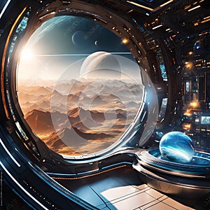 Futuristic Spacecraft Window View of Distant Planets and Alien Terrain