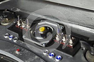 Futuristic spaceship abstract technological control panel with toggle switches and buttons or panel of unknown device or