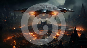 Futuristic spaceship on an alien. AI generated