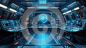 Futuristic spaceship bridge interior with control panels and hologram