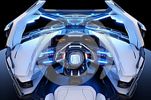 Futuristic spaceship cockpit with advanced control panels, concept of space travel technology