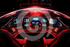 Futuristic spaceship cockpit with advanced control panels for space travel technology concept