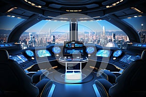 Futuristic spaceship cockpit with advanced control panels, space travel technology concept