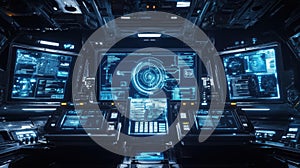 Futuristic spaceship cockpit showing interactive control panel and data analysis display photo