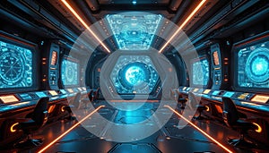 Futuristic spaceship command center interior with glowing blue, orange lights. Digital screens display complex data, navigation