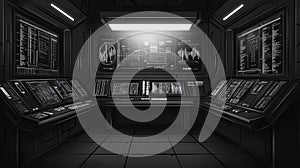 Futuristic spaceship command room displaying advanced data interface