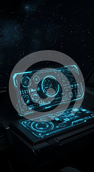 Futuristic Spaceship Control Panel with Glowing Blue Interface