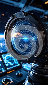 Futuristic spaceship control panel with illuminated screen, glowing light, and modern technology interface