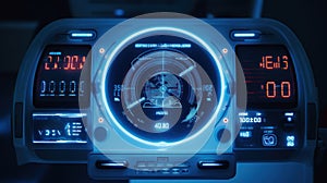 Futuristic spaceship control panel interface. Spacecraft digital dashboard background with indicators and tools. Space