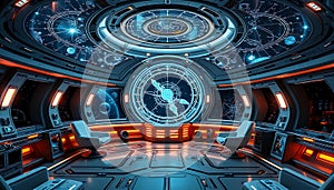 Futuristic spaceship control panel, sci-fi interior and advanced technology interface Generative AI