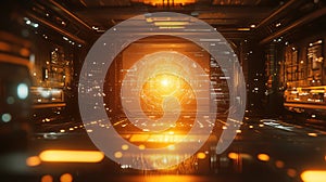 Futuristic spaceship corridor showcasing digital data interface