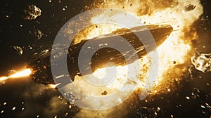 Futuristic spaceship escaping an explosion in deep space