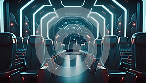 Futuristic spaceship interior with glowing lights. 3D Rendering