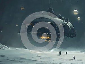 Futuristic Spaceship Landing on a Snowy Planet