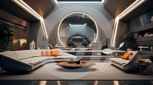 Futuristic spaceship large Living room in high-tech style mainly in light grey colors with curved warm yellow lines for lighting