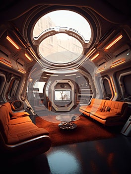 futuristic spaceship living room with sofas and flat screen TV. AI generated