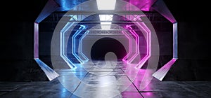 Futuristic Spaceship Neon Fluorescent Luminous Luxurious Led Laser Purple Blue Lights Glowing Dark Grunge Concrete Tunnel Corridor