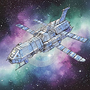 A futuristic spaceship rendered in a detailed, comic-style illustration. The spacecraft