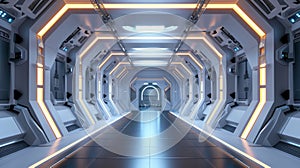 Futuristic spaceship room interior, perspective view of corridor or hallway in starship. Inside hall of space station with led