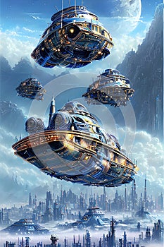 Futuristic spaceship in the sky in the city of the future, science fiction futuristic background, sci fi illustration. Generative