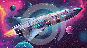 Futuristic spaceship soaring through colorful cosmic background with planets photo