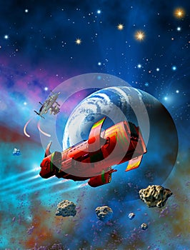 Futuristic spaceship with a space station launches missiles to defend the planet, 3d illustration