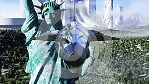 Futuristic spaceship and statue of liberty. Future concept. Aerial view.