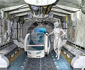 Futuristic spacewoman in spaceship with pod