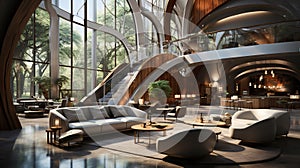 A Futuristic of A Spacious and Grand Hotel Reception Area Adorned with Luxurious Furnishings Sleek Design Interior Background