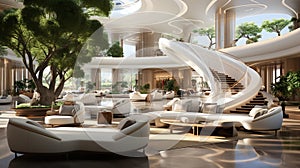 A Futuristic of A Spacious and Grand Hotel Reception Area Adorned with Luxurious Furnishings Sleek Design Interior Background