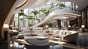 A Futuristic of A Spacious and Grand Hotel Reception Area Adorned with Luxurious Furnishings Sleek Design Interior Background