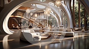 A Futuristic of A Spacious and Grand Hotel Reception Area Adorned with Luxurious Furnishings Sleek Design Interior Background