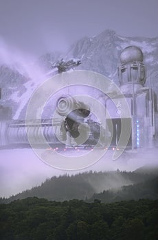 Futuristic spatial station and launched spaceship