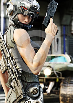 Futuristic special operation female posing before going out on a mission.