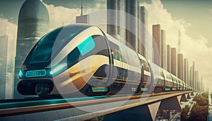 Futuristic speed maglev magnetic cushion train with city background. Generative AI